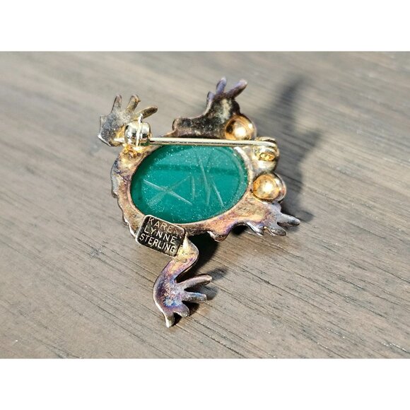 Vintage Karen Lynne Signed Gold Plate over Sterling Green Scarab Frog Brooch/Pin - Picture 3 of 3